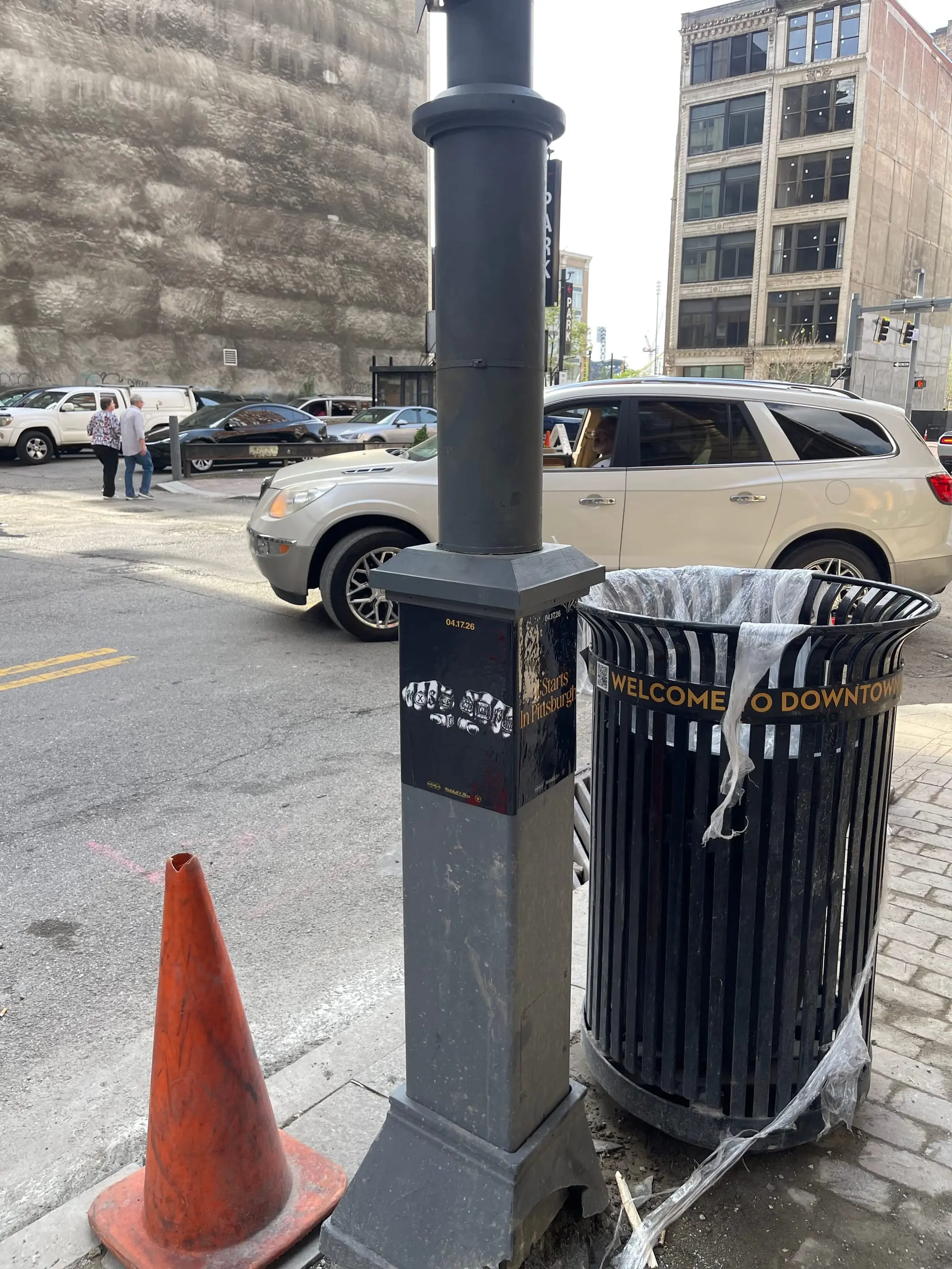 Pole sticker campaign for 'It Starts In Pittsburgh' on city light poles in Pittsburgh, PA by Beyond Street Media