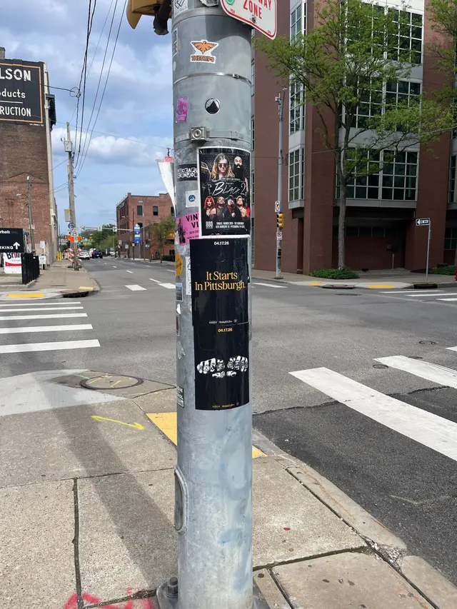 Pole sticker campaign for 'It Starts In Pittsburgh' on city light poles in Pittsburgh, PA by Beyond Street Media (photo 45 of 46).