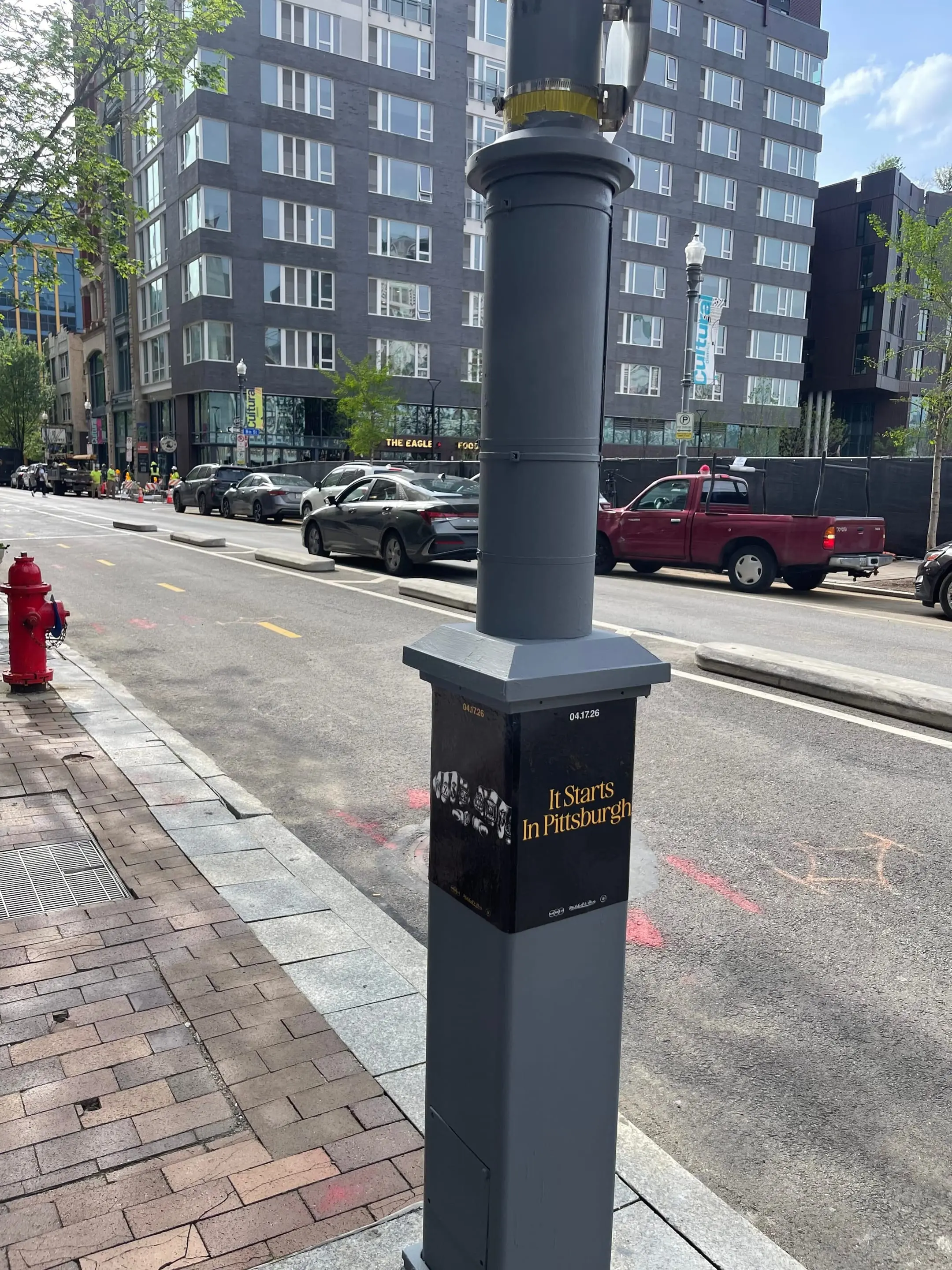 Utility box sticker campaign for 'It Starts In Pittsburgh' on electrical utility boxes in Pittsburgh, PA by Beyond Street Media