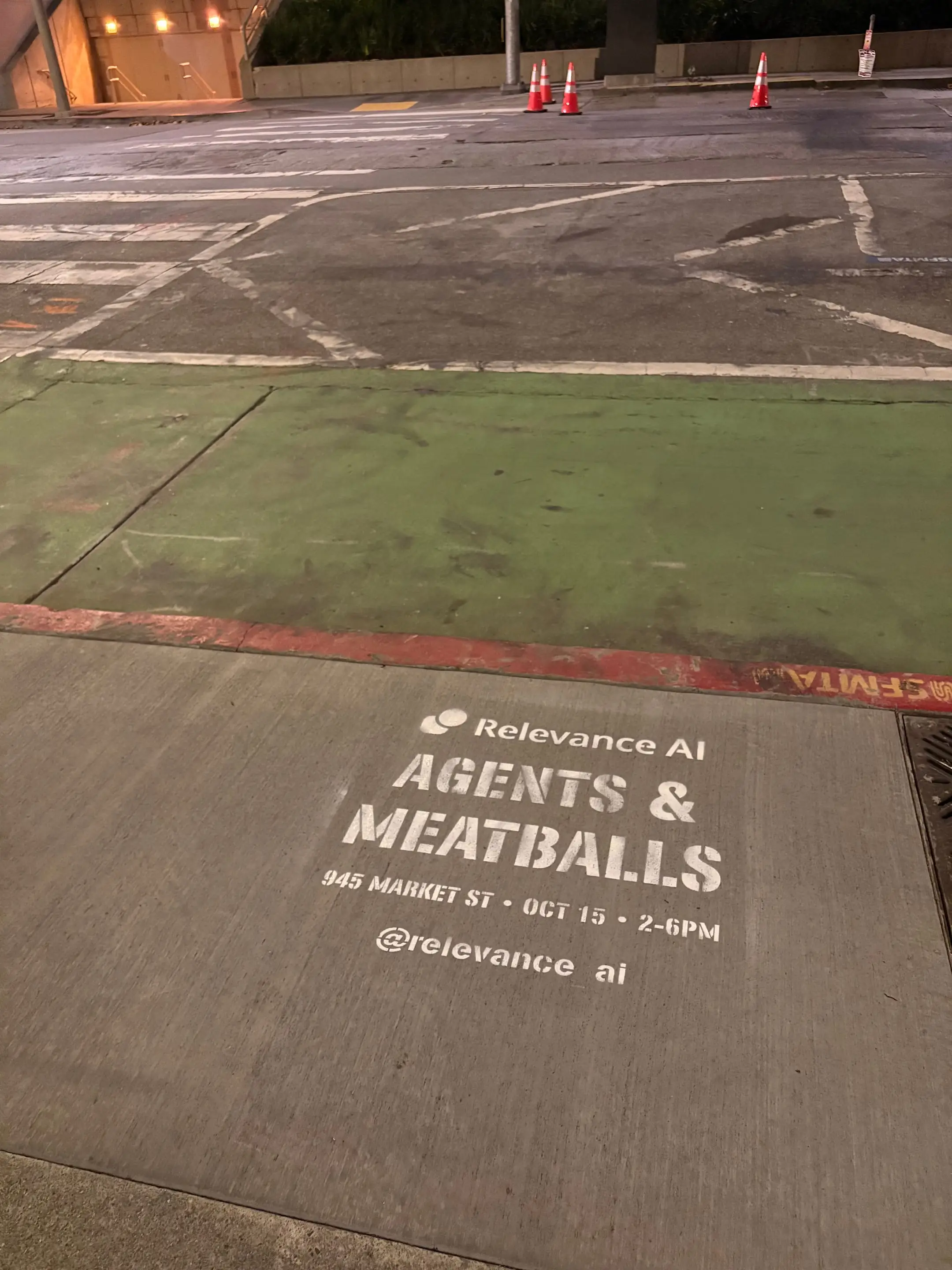 Relevance AI 'Agents & Meatballs' event sidewalk stencil on a San Francisco sidewalk, CA by Beyond Street Media