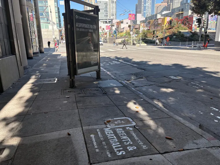 Relevance AI 'Agents & Meatballs' event sidewalk stencil on a San Francisco sidewalk, CA by Beyond Street Media