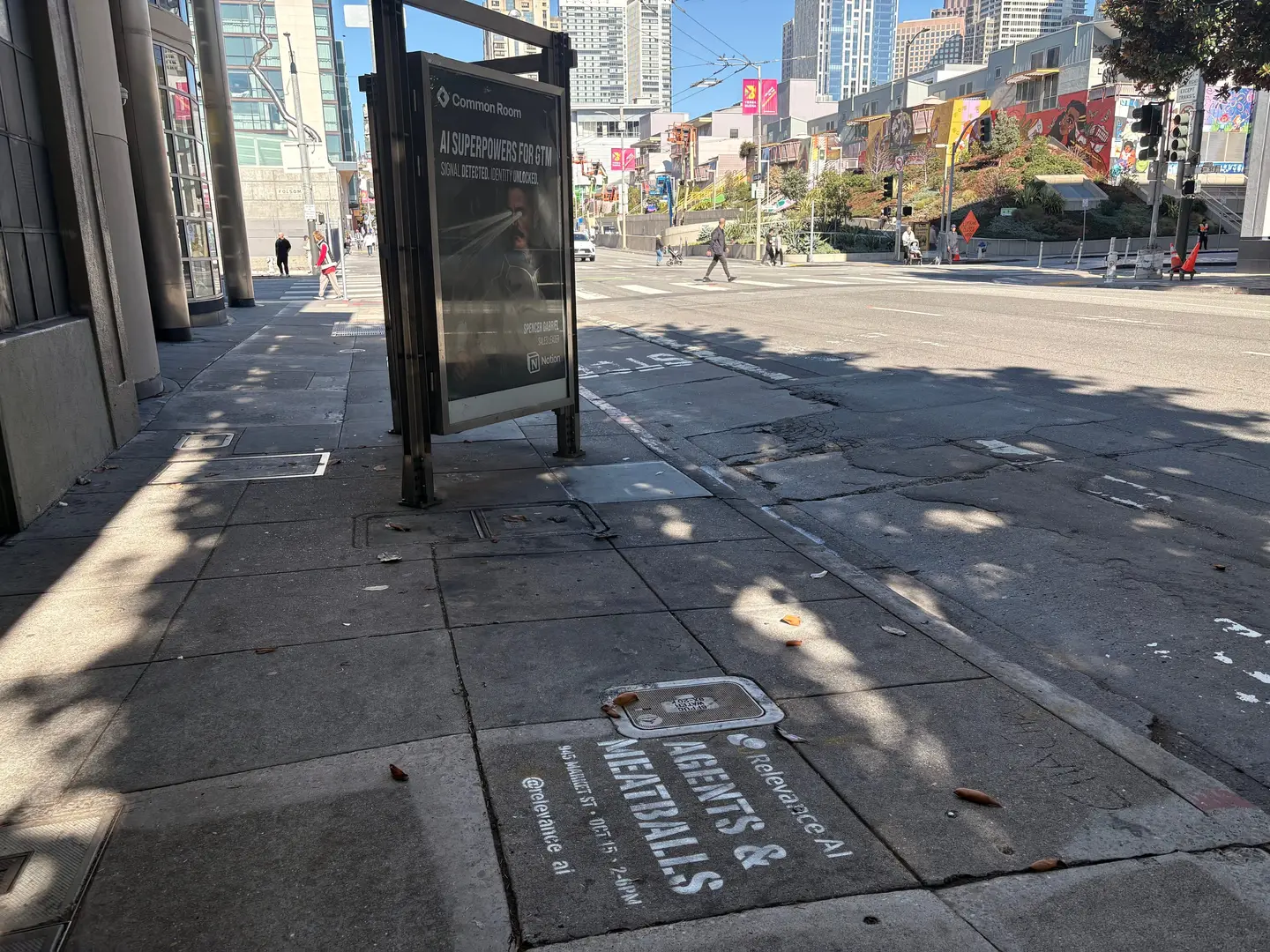 Relevance AI 'Agents & Meatballs' event sidewalk stencil on a San Francisco sidewalk, CA by Beyond Street Media (photo 2 of 12).
