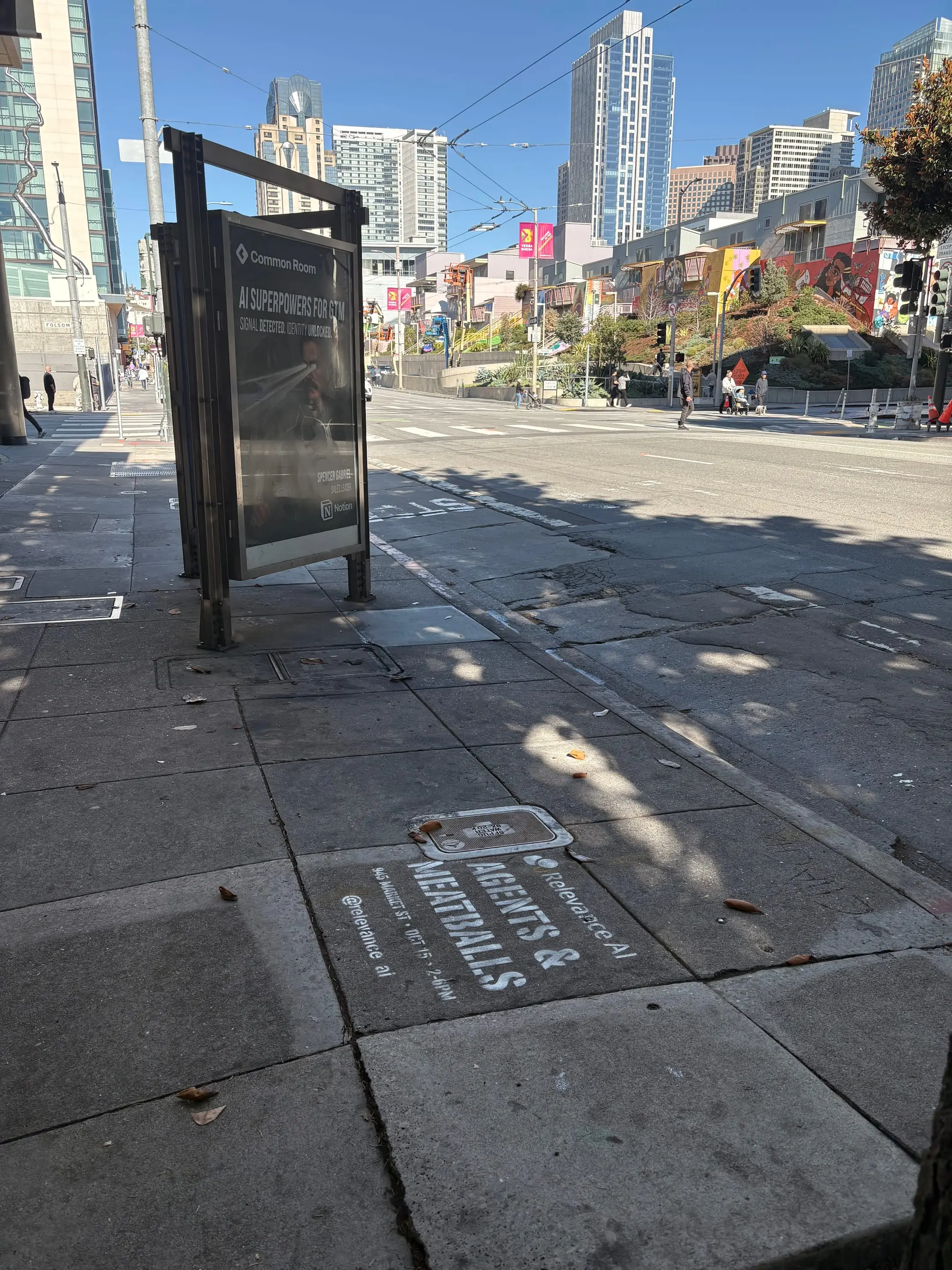 Relevance AI 'Agents & Meatballs' event sidewalk stencil on a San Francisco sidewalk, CA by Beyond Street Media