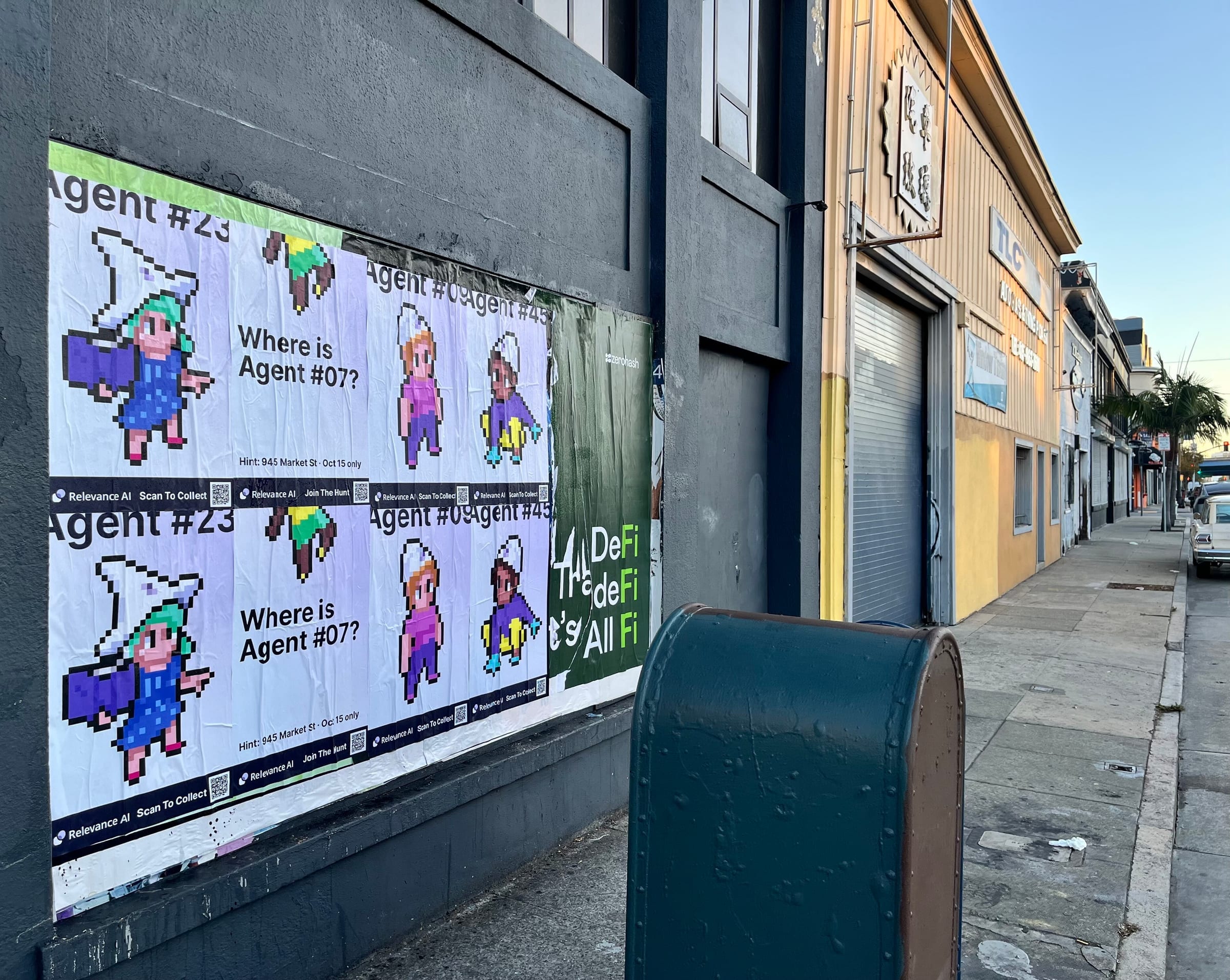 Wheatpaste poster campaign for Relevance AI on San Francisco, CA in San Francisco, CA, pixel art agent character paste-up poster install by Beyond Street Media