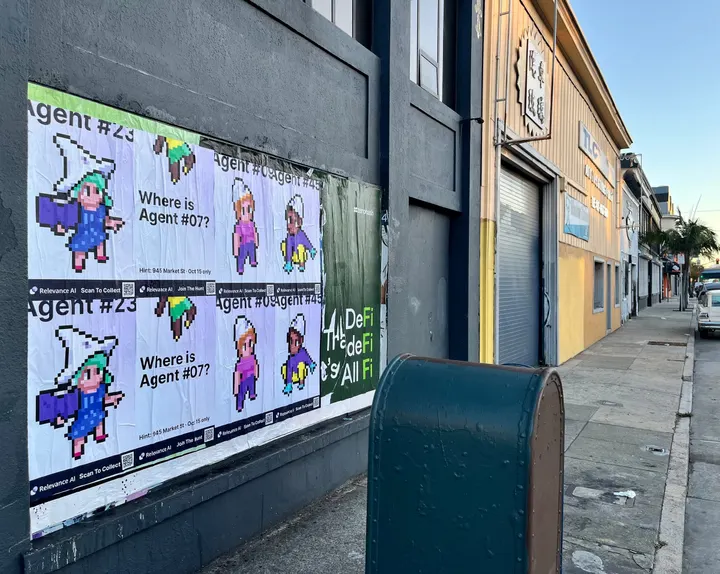 Wheatpaste poster campaign for Relevance AI on San Francisco, CA in San Francisco, CA, pixel art agent character paste-up poster install by Beyond Street Media