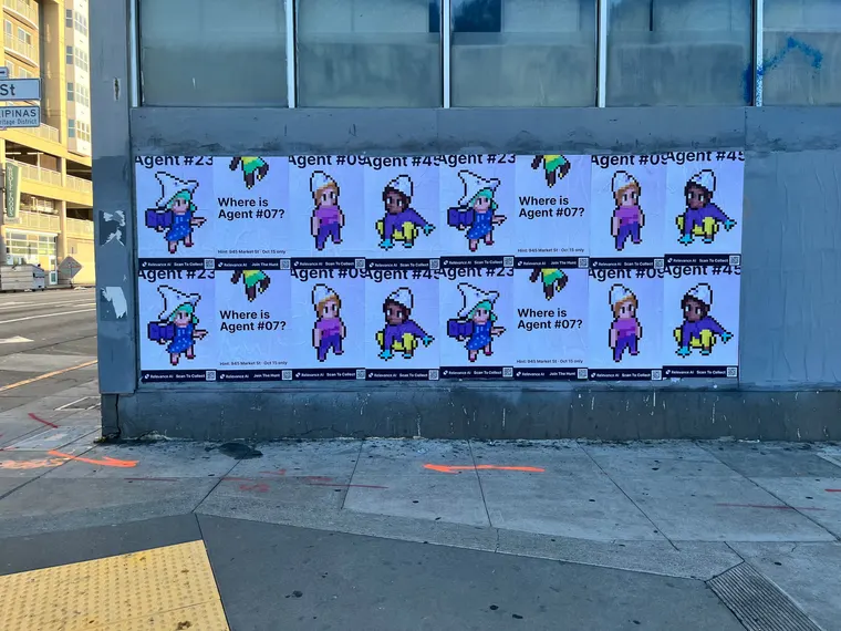 Wheatpaste poster campaign for Relevance AI on San Francisco, CA in San Francisco, CA, pixel art agent character paste-up poster install by Beyond Street Media