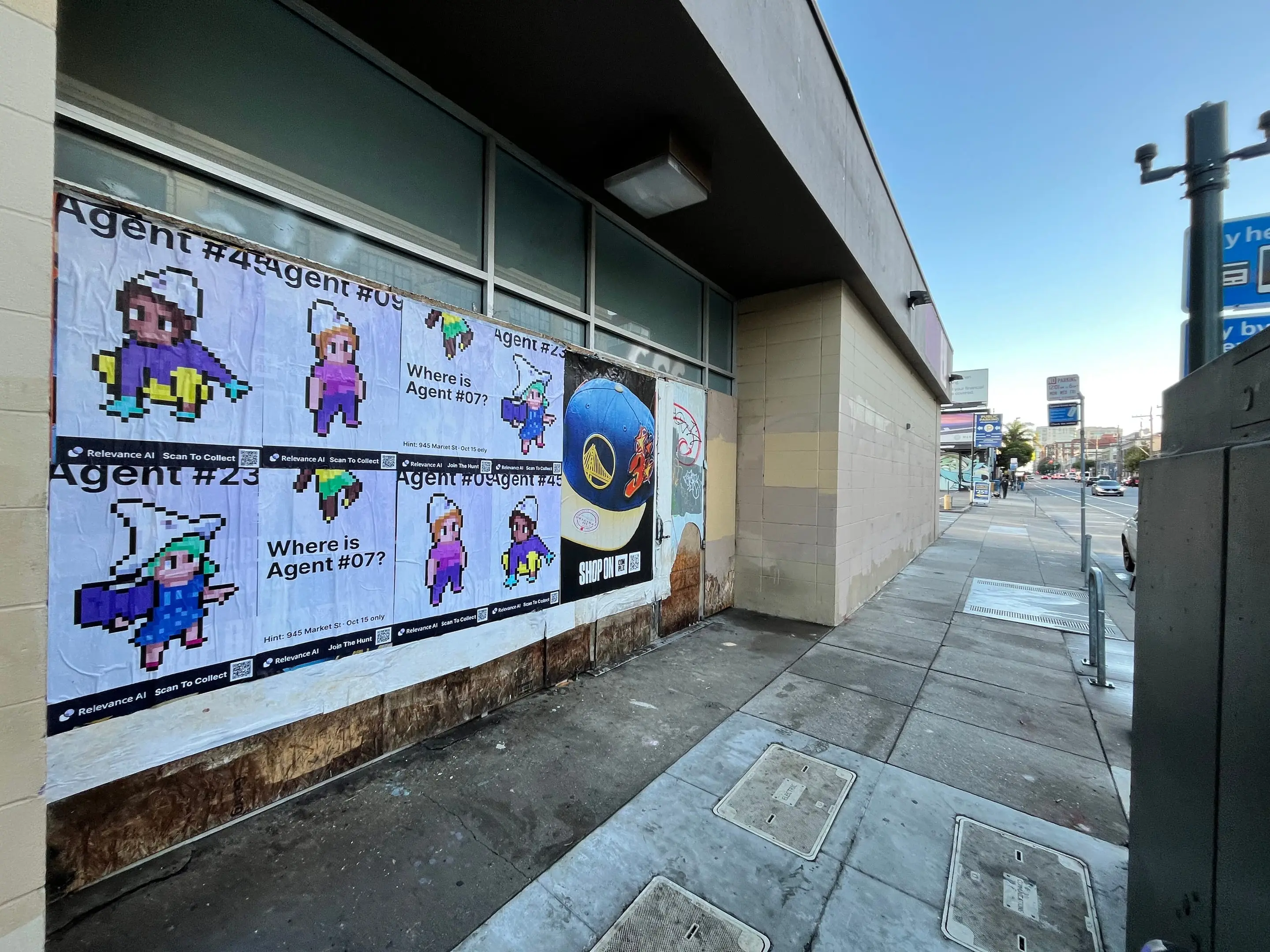Wheatpaste poster campaign for Relevance AI on San Francisco, CA in San Francisco, CA, pixel art agent character paste-up poster install by Beyond Street Media