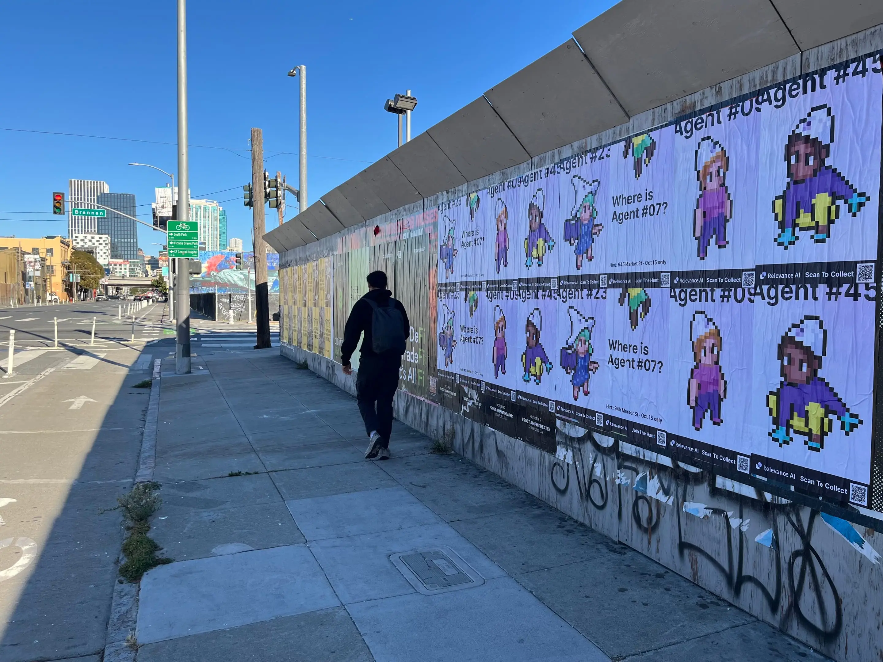 Wheatpaste poster campaign for Relevance AI on San Francisco, CA in San Francisco, CA, pixel art agent character paste-up poster install by Beyond Street Media
