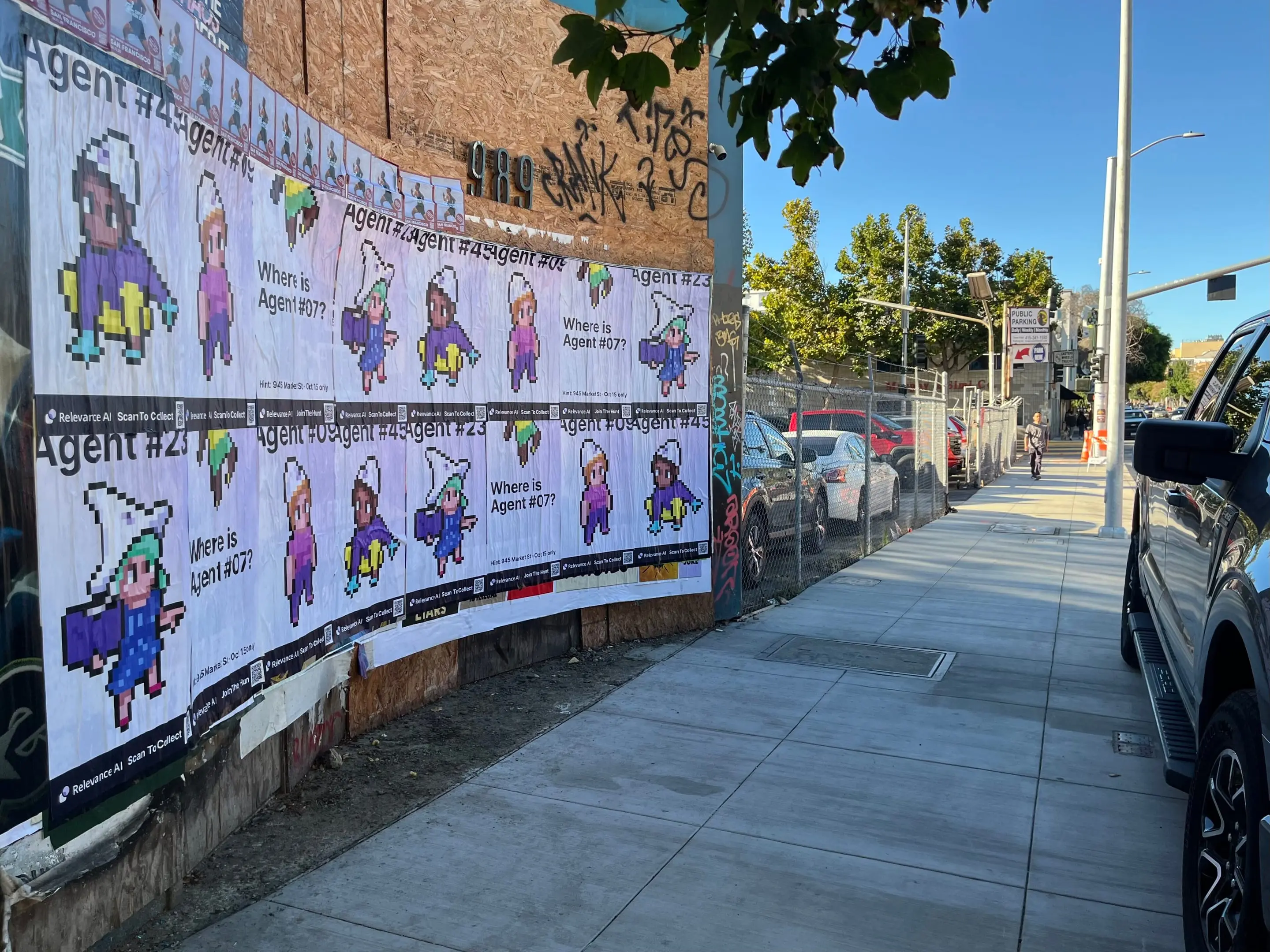 Wheatpaste poster campaign for Relevance AI on San Francisco, CA in San Francisco, CA, pixel art agent character paste-up poster install by Beyond Street Media