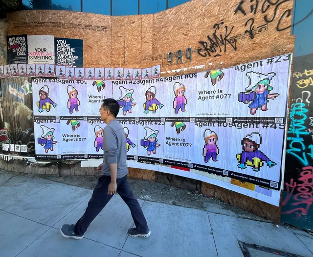 Wheatpaste poster campaign for Relevance AI on San Francisco, CA in San Francisco, CA, pixel art agent character paste-up poster install by Beyond Street Media (photo 7 of 27).