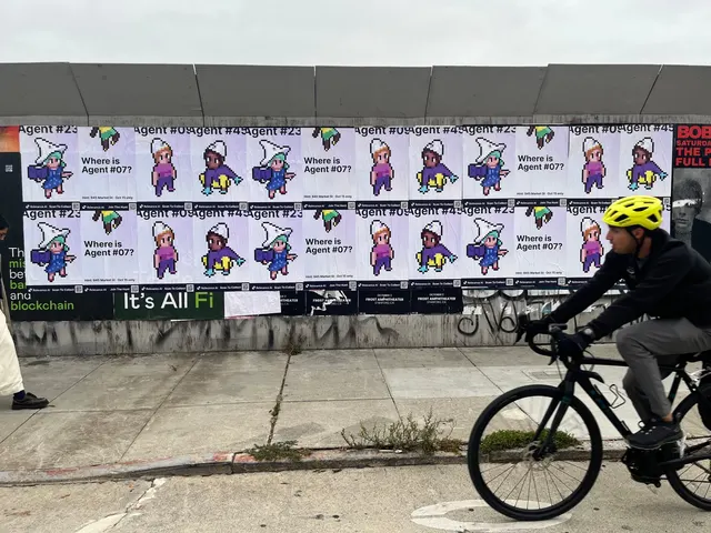 Wheatpaste poster campaign for Relevance AI on San Francisco, CA in San Francisco, CA, pixel art agent character paste-up poster install by Beyond Street Media (photo 13 of 27).
