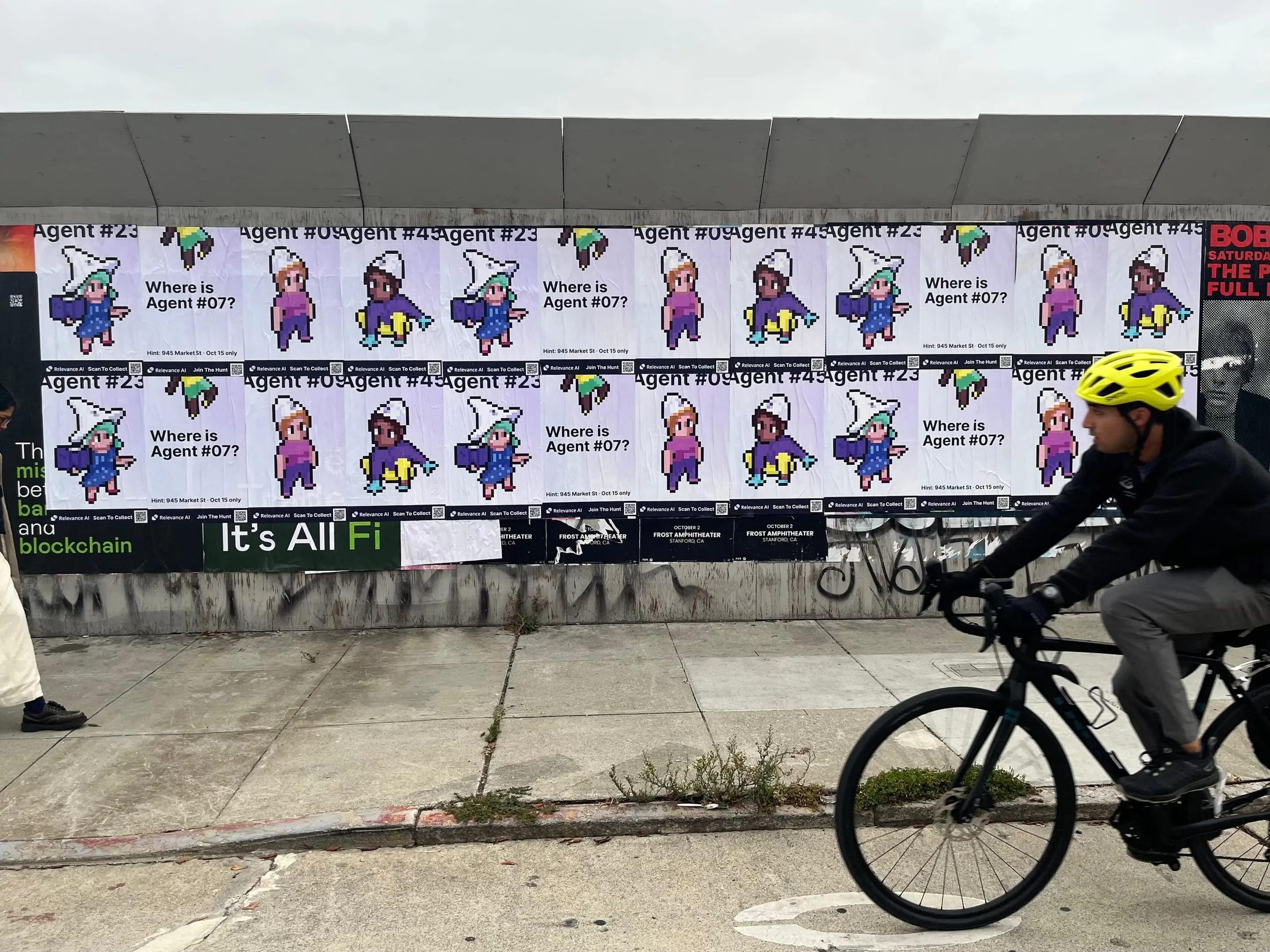 Wheatpaste poster campaign for Relevance AI on San Francisco, CA in San Francisco, CA, pixel art agent character paste-up poster install by Beyond Street Media