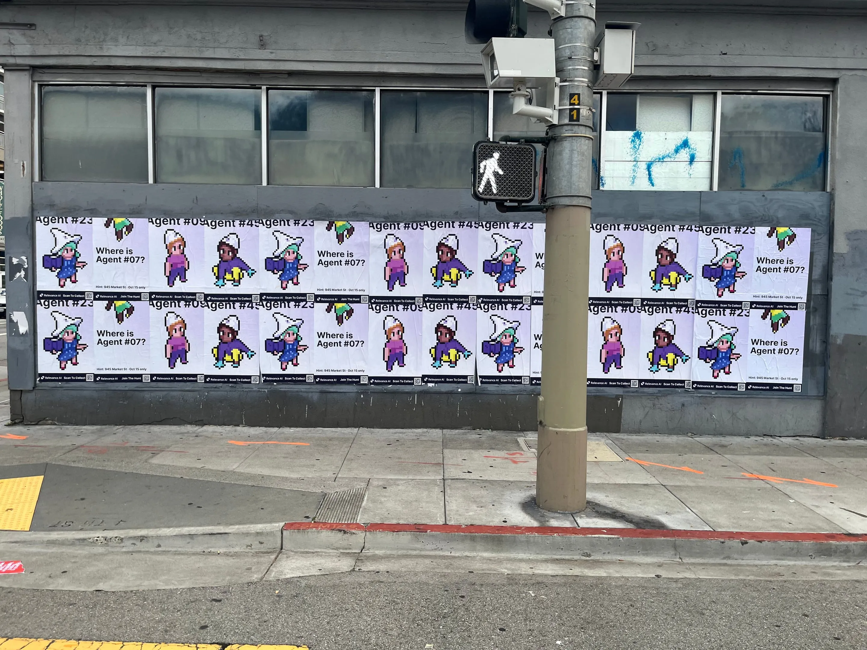 Wheatpaste poster campaign for Relevance AI on San Francisco, CA in San Francisco, CA, pixel art agent character paste-up poster install by Beyond Street Media