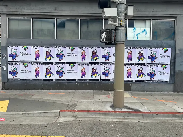 Wheatpaste poster campaign for Relevance AI on San Francisco, CA in San Francisco, CA, pixel art agent character paste-up poster install by Beyond Street Media (photo 16 of 27).