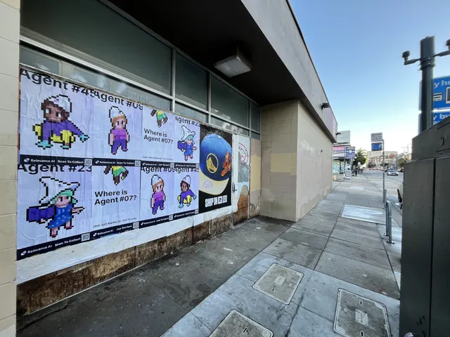 Wheatpaste poster campaign for Relevance AI on San Francisco, CA in San Francisco, CA, pixel art agent character paste-up poster install by Beyond Street Media (photo 17 of 27).