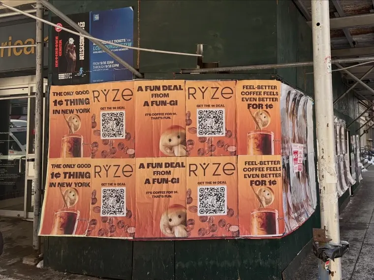RYZE mushroom coffee wheatpaste poster campaign in New York City, New York City by Beyond Street Media