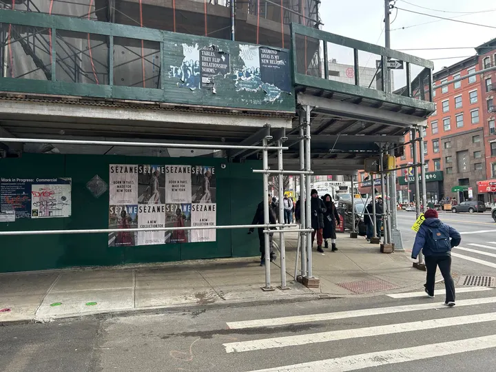 Sézane fashion brand wheatpaste campaign on scaffolding in Tribeca, New York City by Beyond Street Media