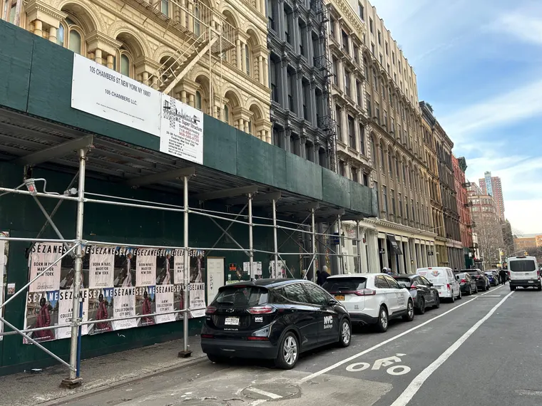 Sézane fashion brand wheatpaste campaign on scaffolding in Tribeca, New York City by Beyond Street Media