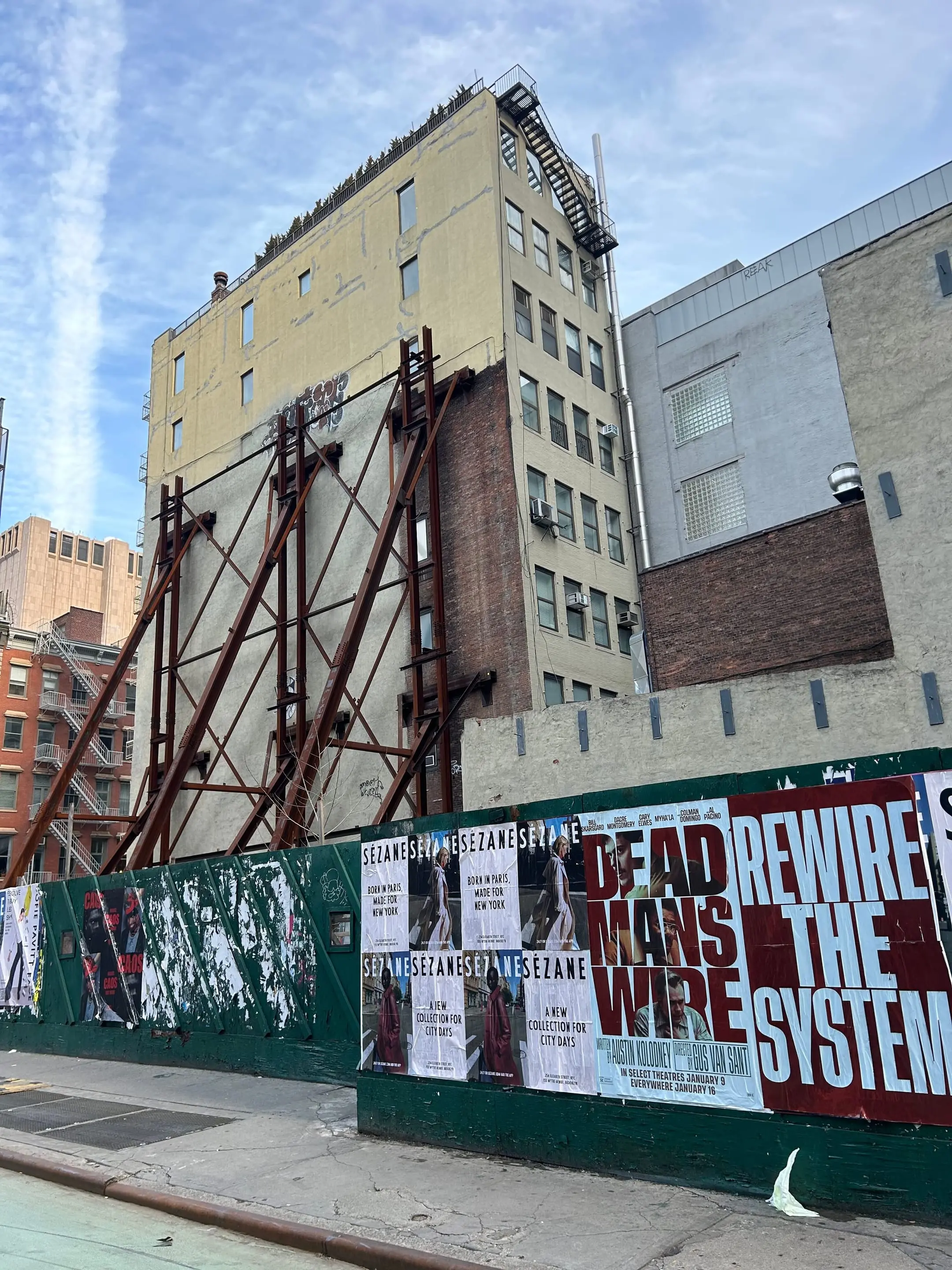 Sézane fashion brand wheatpaste campaign on scaffolding in Tribeca, New York City by Beyond Street Media