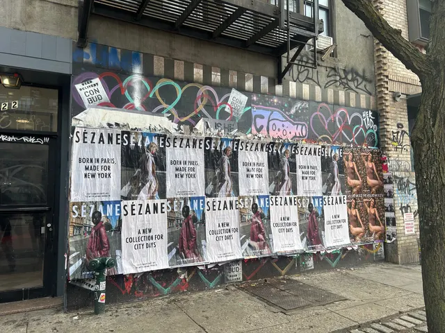 Sézane fashion brand wheatpaste campaign on scaffolding in Tribeca, New York City by Beyond Street Media (photo 10 of 18).