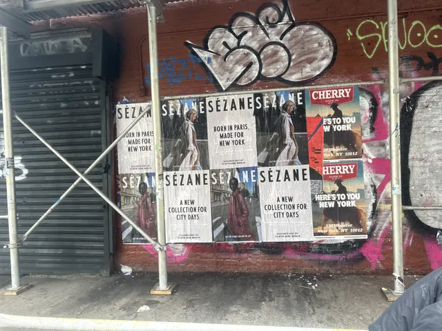 Sézane fashion brand wheatpaste campaign on scaffolding in Tribeca, New York City by Beyond Street Media (photo 17 of 18).