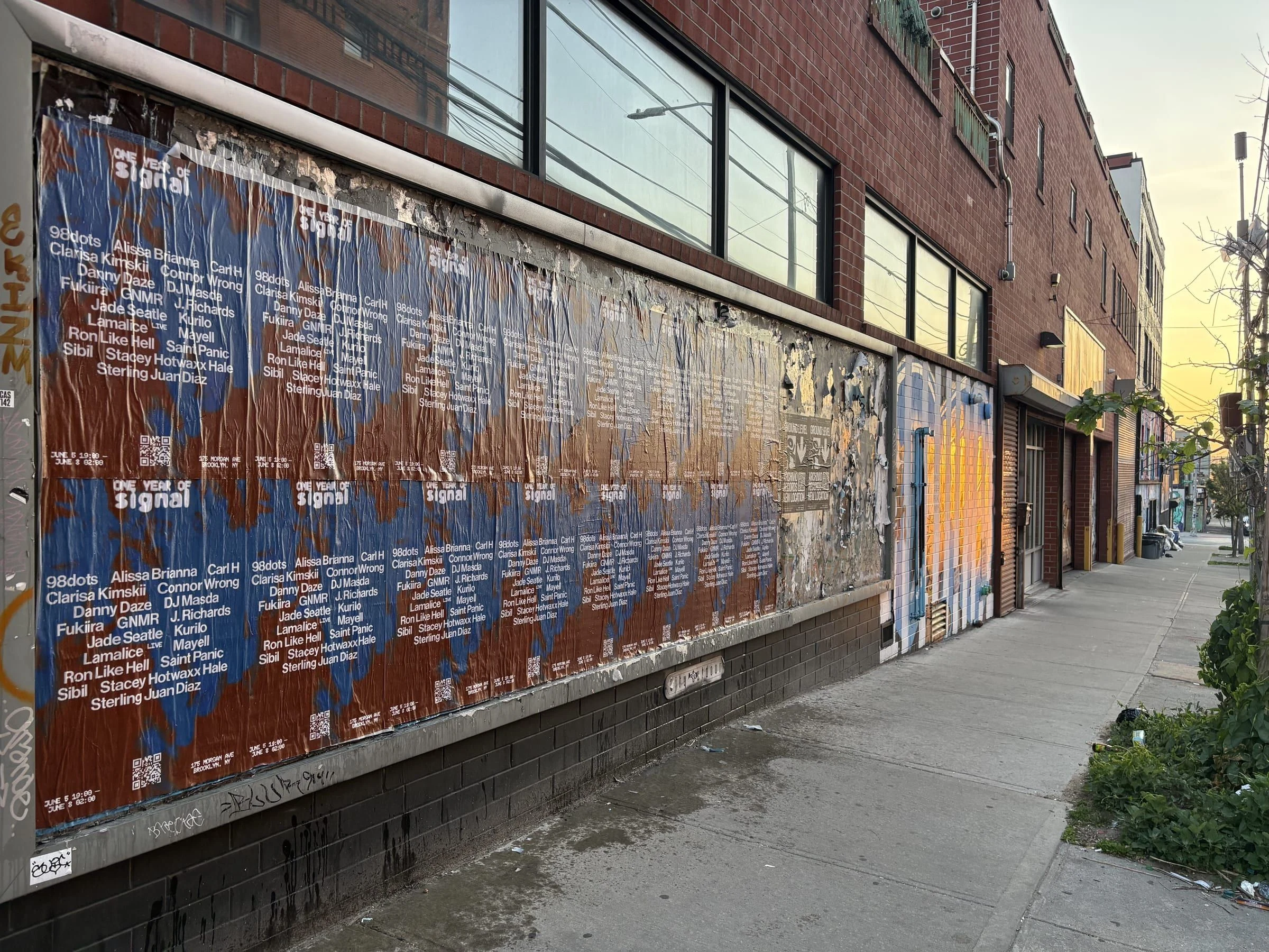 Signal nightclub 'One Year of Signal' anniversary wheatpaste wall in East Williamsburg, Brooklyn, documented street install, by Beyond Street Media