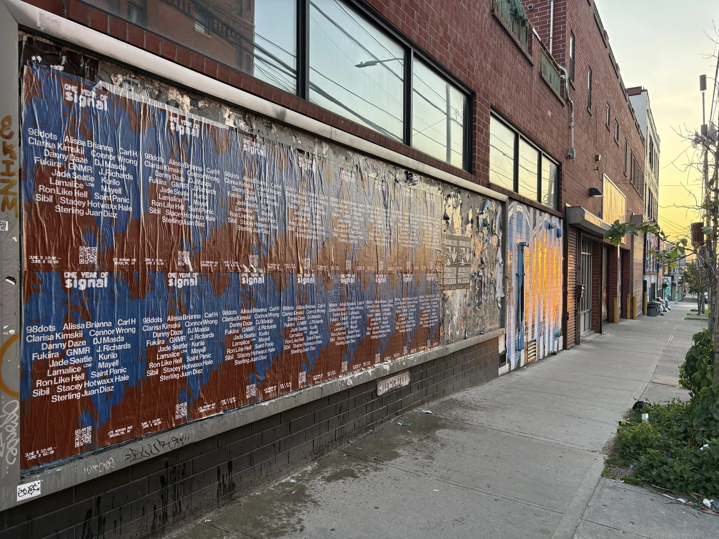 Signal nightclub 'One Year of Signal' anniversary wheatpaste wall in East Williamsburg, Brooklyn, documented street install, by Beyond Street Media