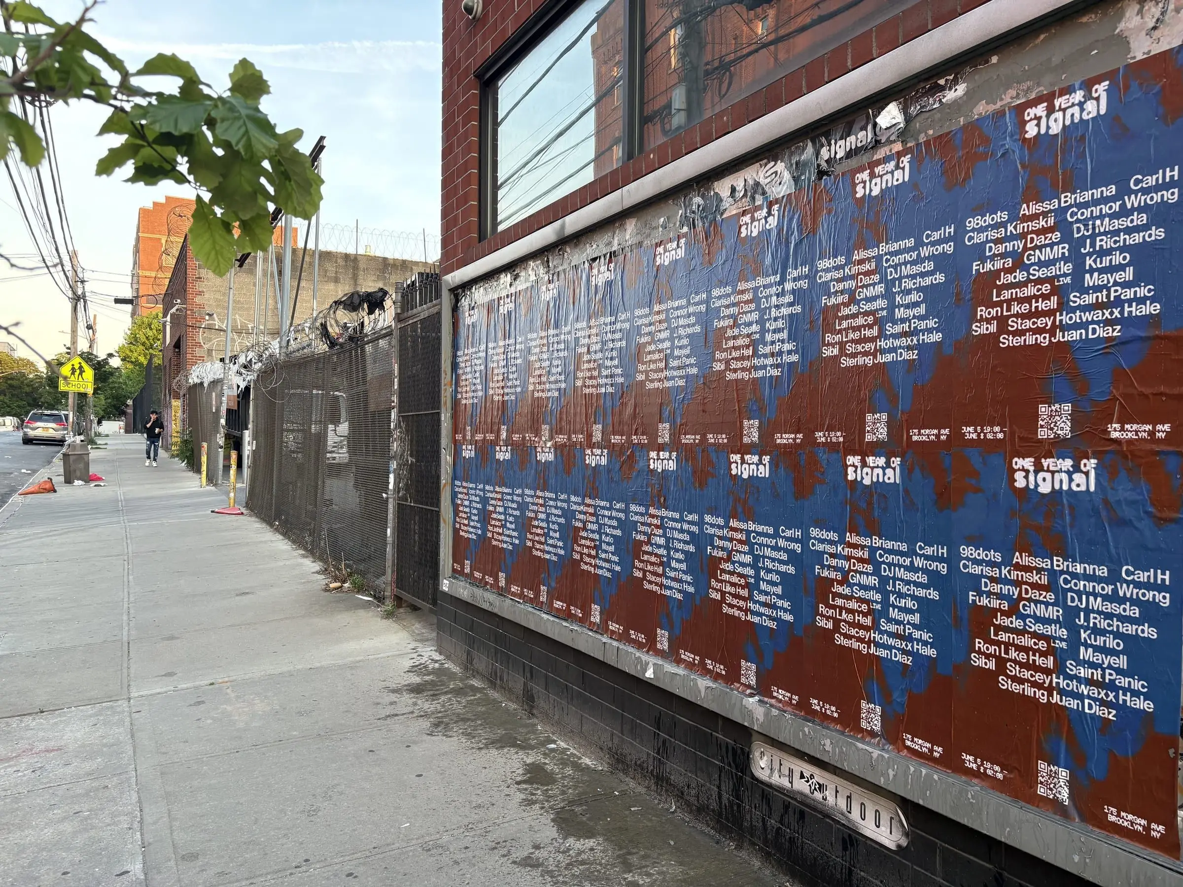 Signal nightclub 'One Year of Signal' anniversary wheatpaste wall in East Williamsburg, Brooklyn, documented street install, by Beyond Street Media