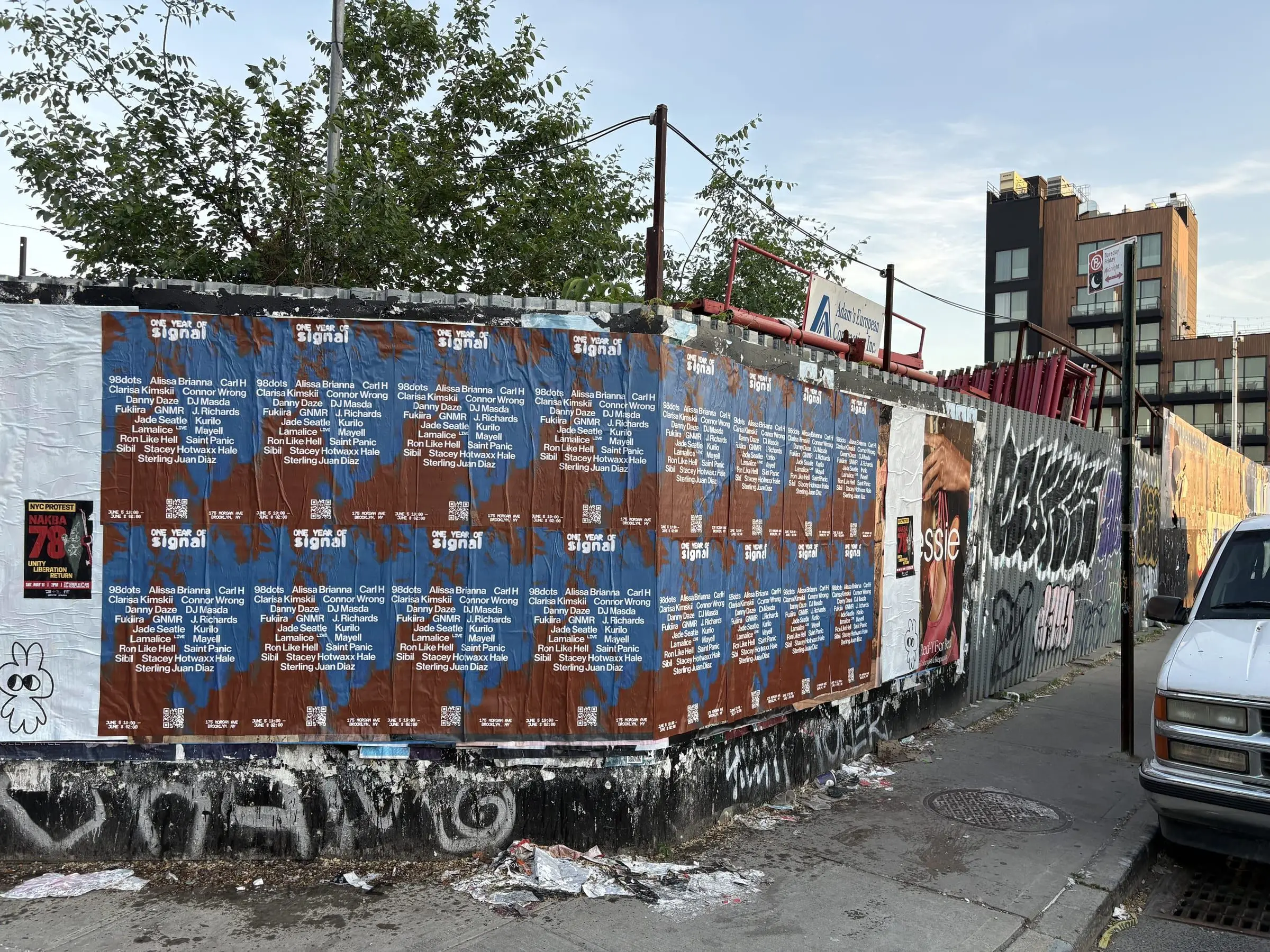 Signal nightclub 'One Year of Signal' anniversary wheatpaste wall in East Williamsburg, Brooklyn, documented street install, by Beyond Street Media
