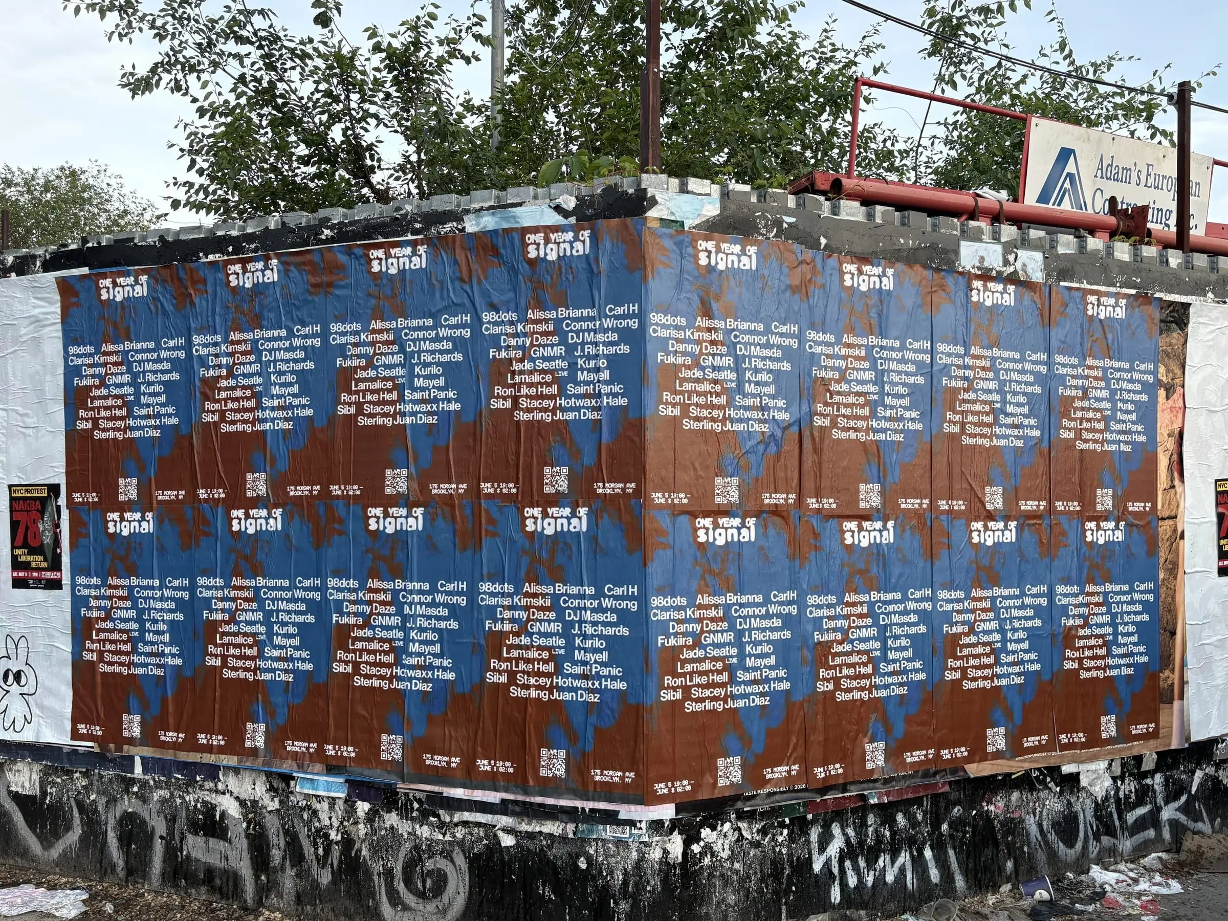 Signal nightclub 'One Year of Signal' anniversary wheatpaste wall in East Williamsburg, Brooklyn, documented street install, by Beyond Street Media