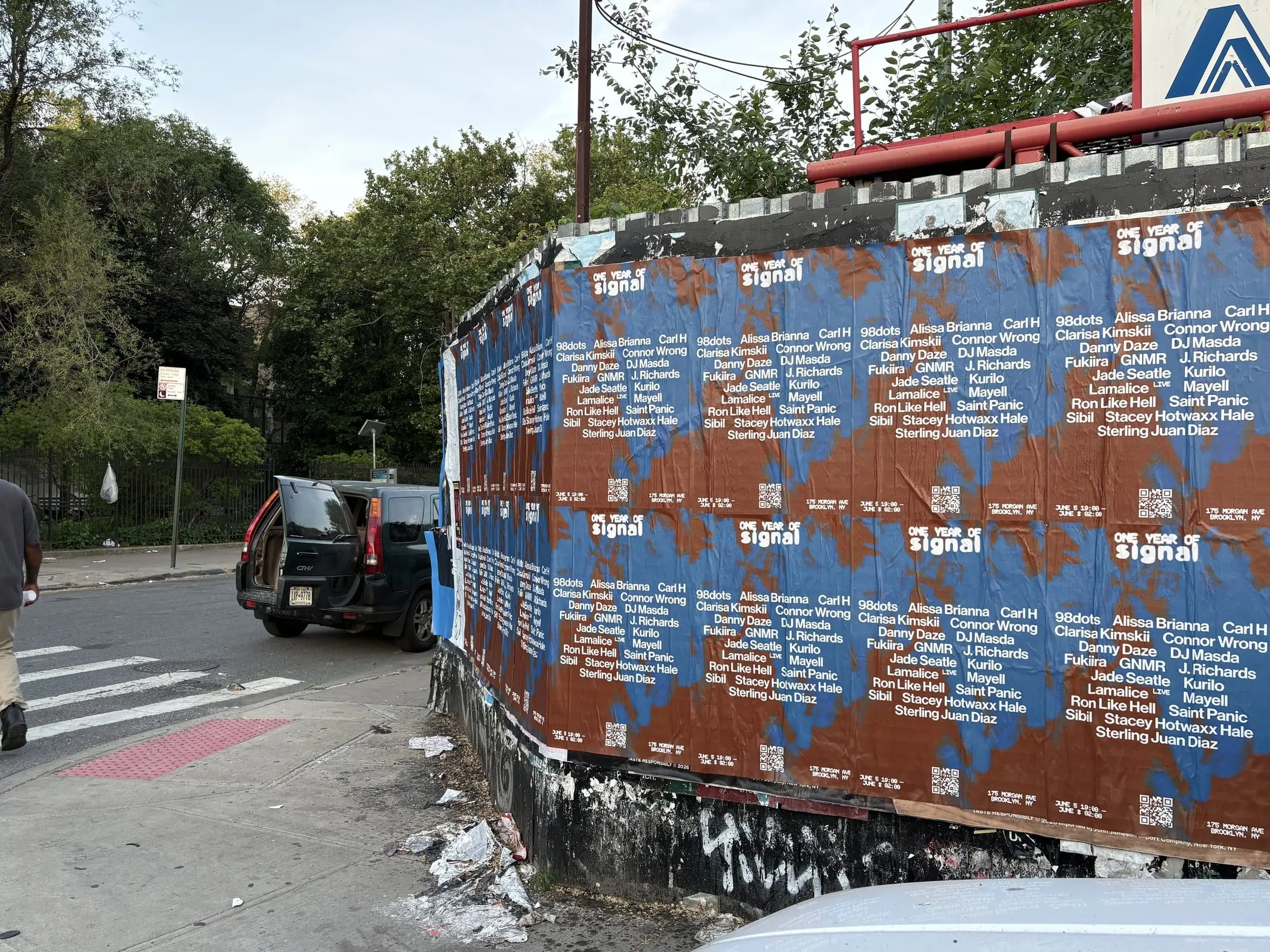Signal nightclub 'One Year of Signal' anniversary wheatpaste wall in East Williamsburg, Brooklyn, documented street install, by Beyond Street Media