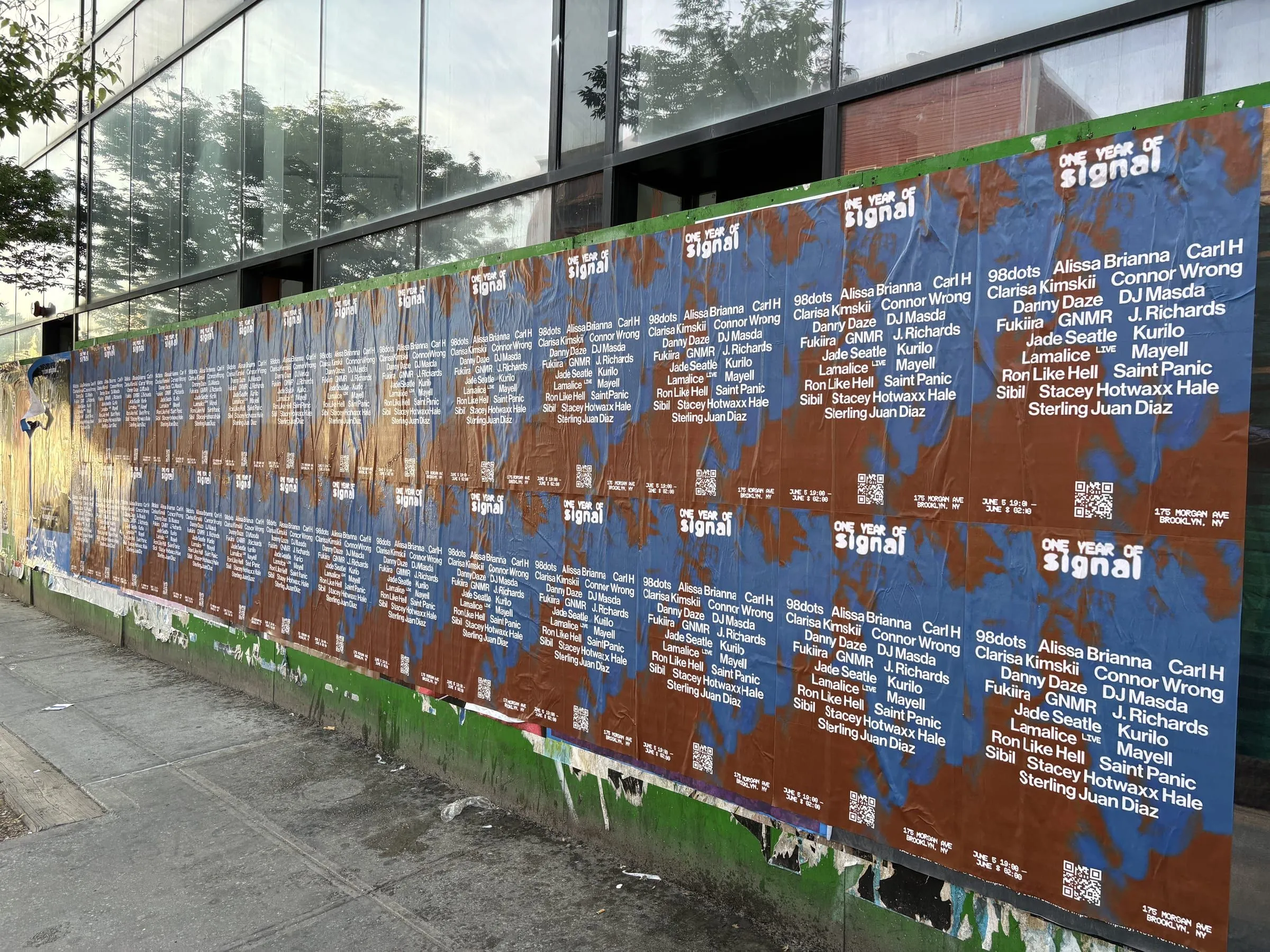 Signal nightclub 'One Year of Signal' anniversary wheatpaste wall in East Williamsburg, Brooklyn, documented street install, by Beyond Street Media