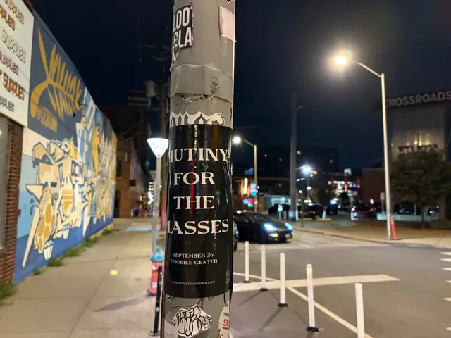 Mutiny for the Masses pole snipe at Southwest Boulevard, Crossroads, a rooftop Crossroads sign and mural wall at night