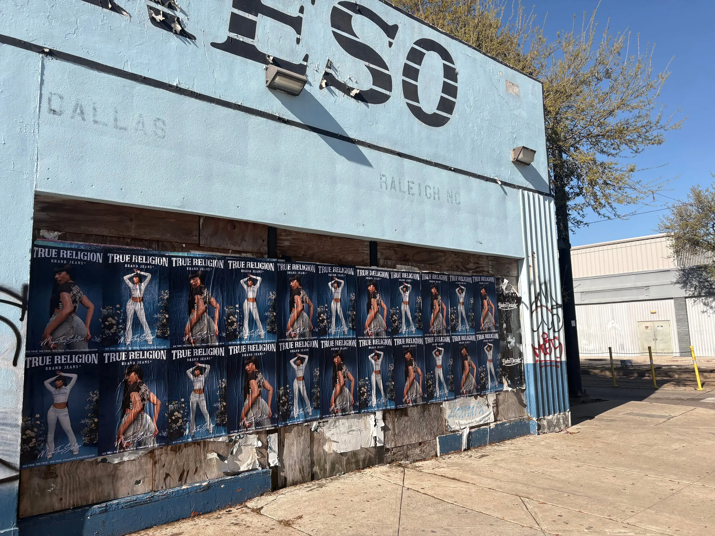 True Religion brand jeans wheatpaste poster campaign in Houston, TX by Beyond Street Media