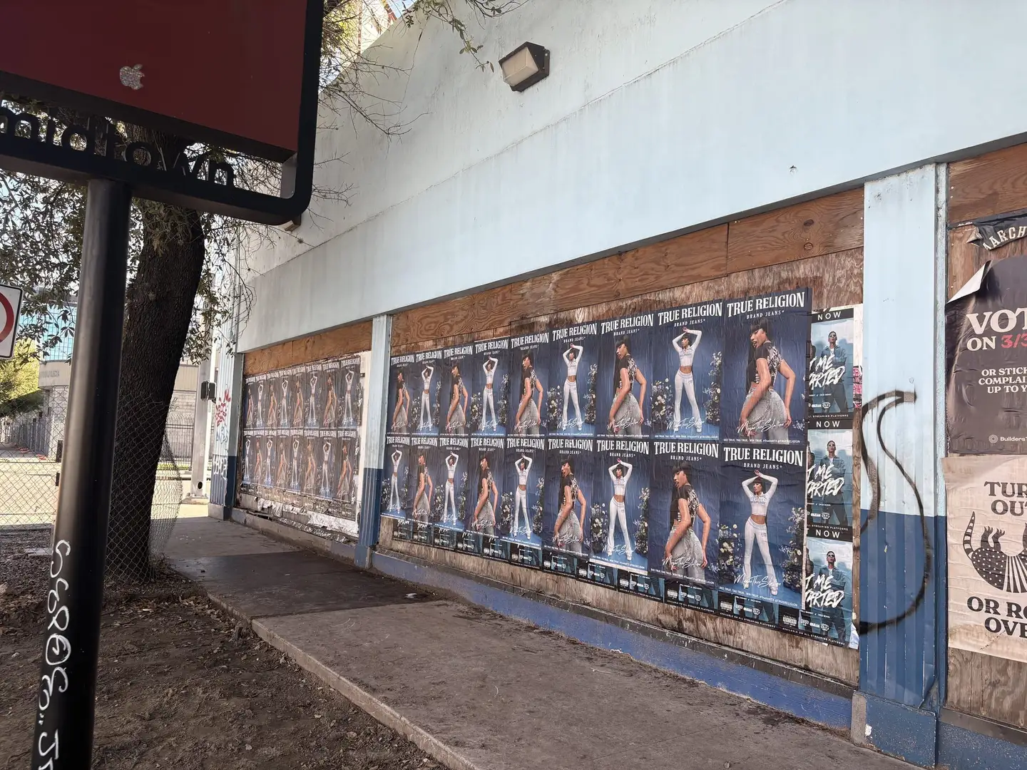 True Religion brand jeans wheatpaste poster campaign in Houston, TX by Beyond Street Media