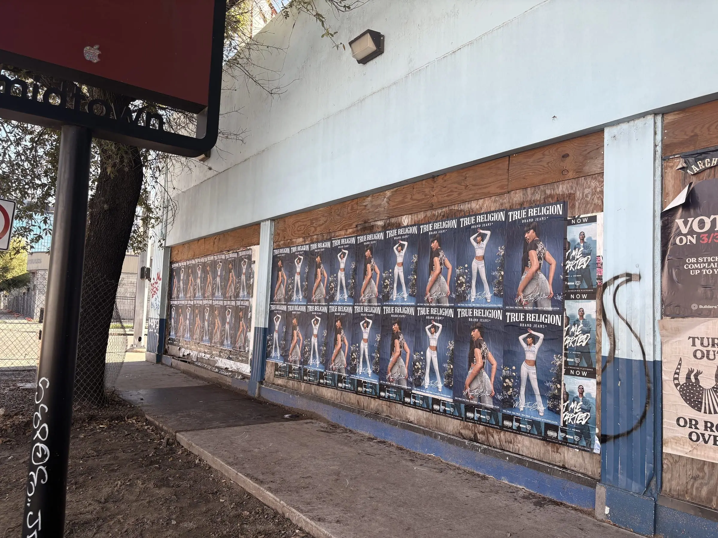 True Religion brand jeans wheatpaste poster campaign in Houston, TX by Beyond Street Media