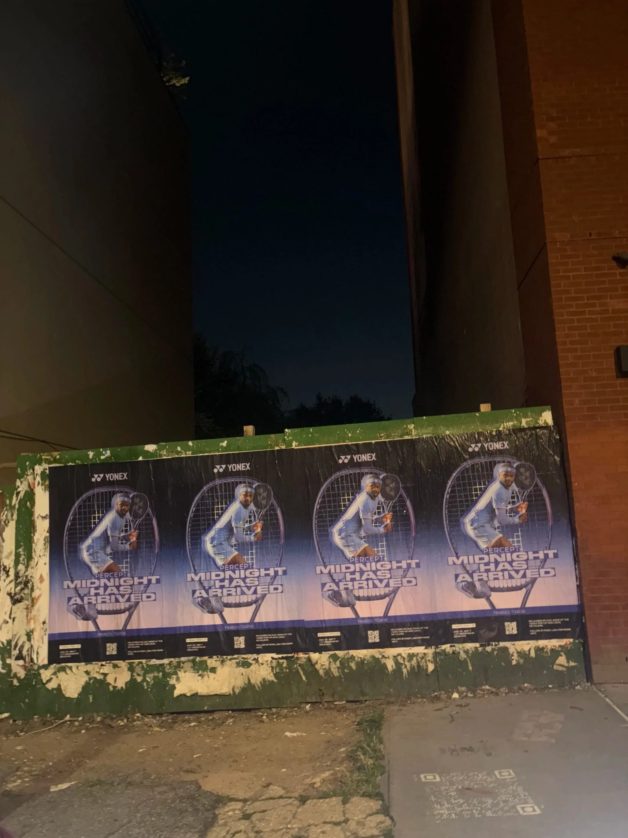 Yonex Percept 'Midnight Has Arrived' tennis racket launch - wheatpaste poster install in New York City by Beyond Street Media