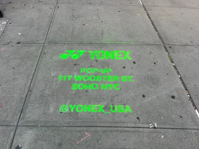 Yonex Pop-Up sidewalk stencil at 117 Wooster St, SoHo NYC - neon-green spray stencil by Beyond Street Media (photo 20 of 28).