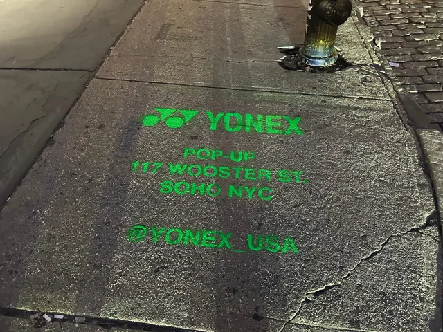 Yonex Pop-Up sidewalk stencil at 117 Wooster St, SoHo NYC - neon-green spray stencil by Beyond Street Media (photo 28 of 28).