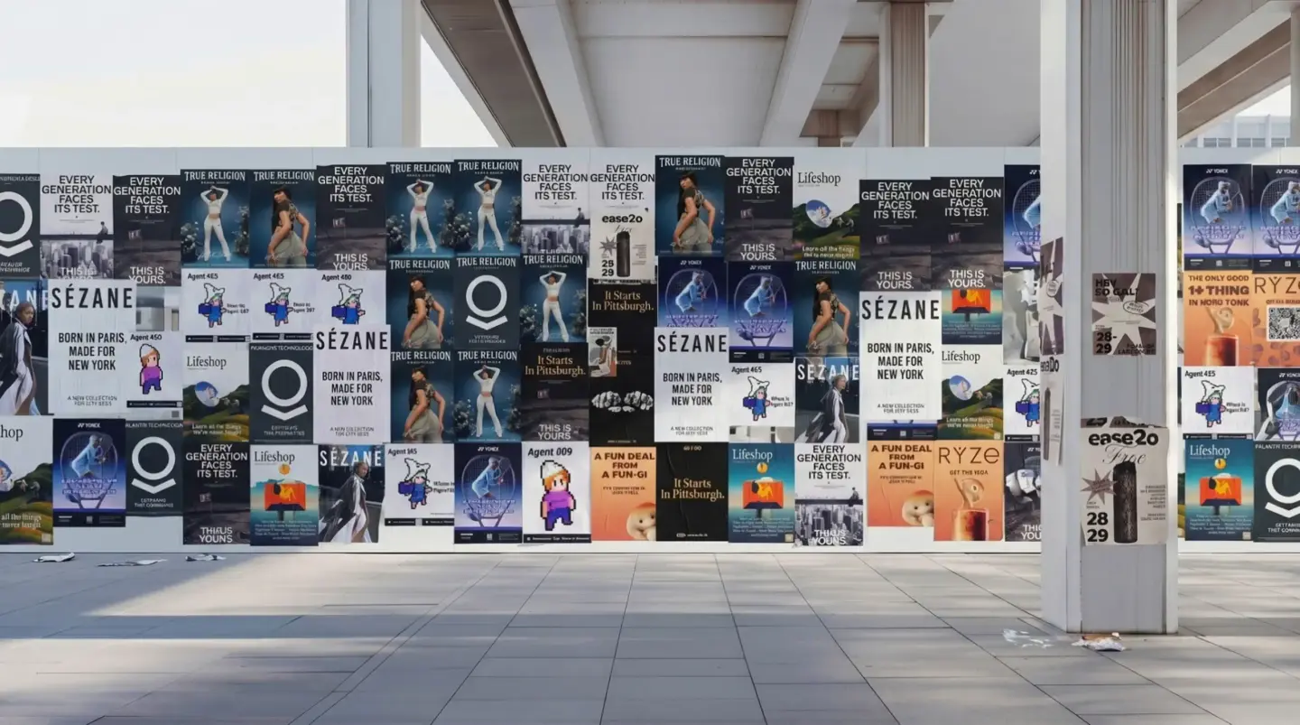 Completed wheatpaste poster wall — full-coverage install, photo-documented